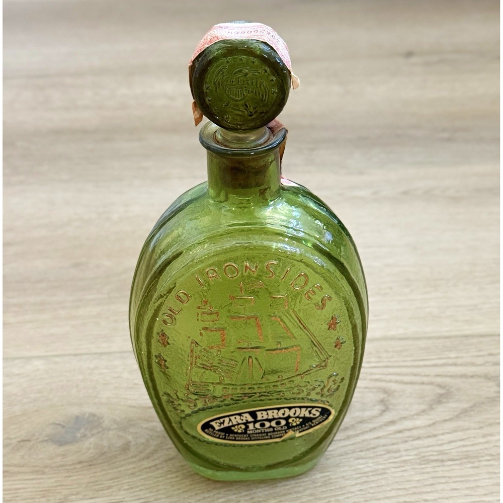 Vintage Ezra Brooks Old Ironsides Green Glass Bourbon Decanter 100 Month Stopper
